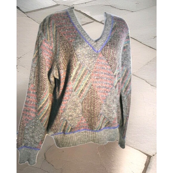 Vintage Womens Italy Wool Argyle Geometric Knit V neck  Dark Aacademia sweater S - Picture 1 of 12